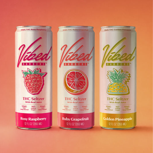 Vibed THC seltzer variety pack — Rosy Raspberry, Ruby Grapefruit, Golden Pineapple cans