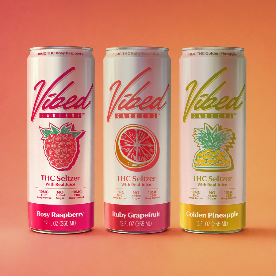 Vibed THC seltzer variety pack — Rosy Raspberry, Ruby Grapefruit, Golden Pineapple cans